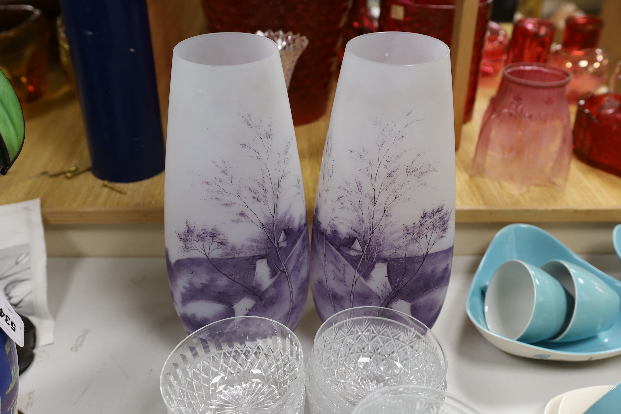 A quantity of Thomas Webb cut glass rinser bowls and dishes together with a pair of glass vases etc